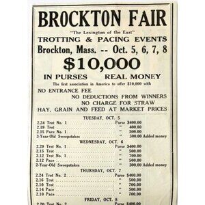 1920 Brockton Fair Horse Racing Event Advertisement Massachusetts Purses DWYY9